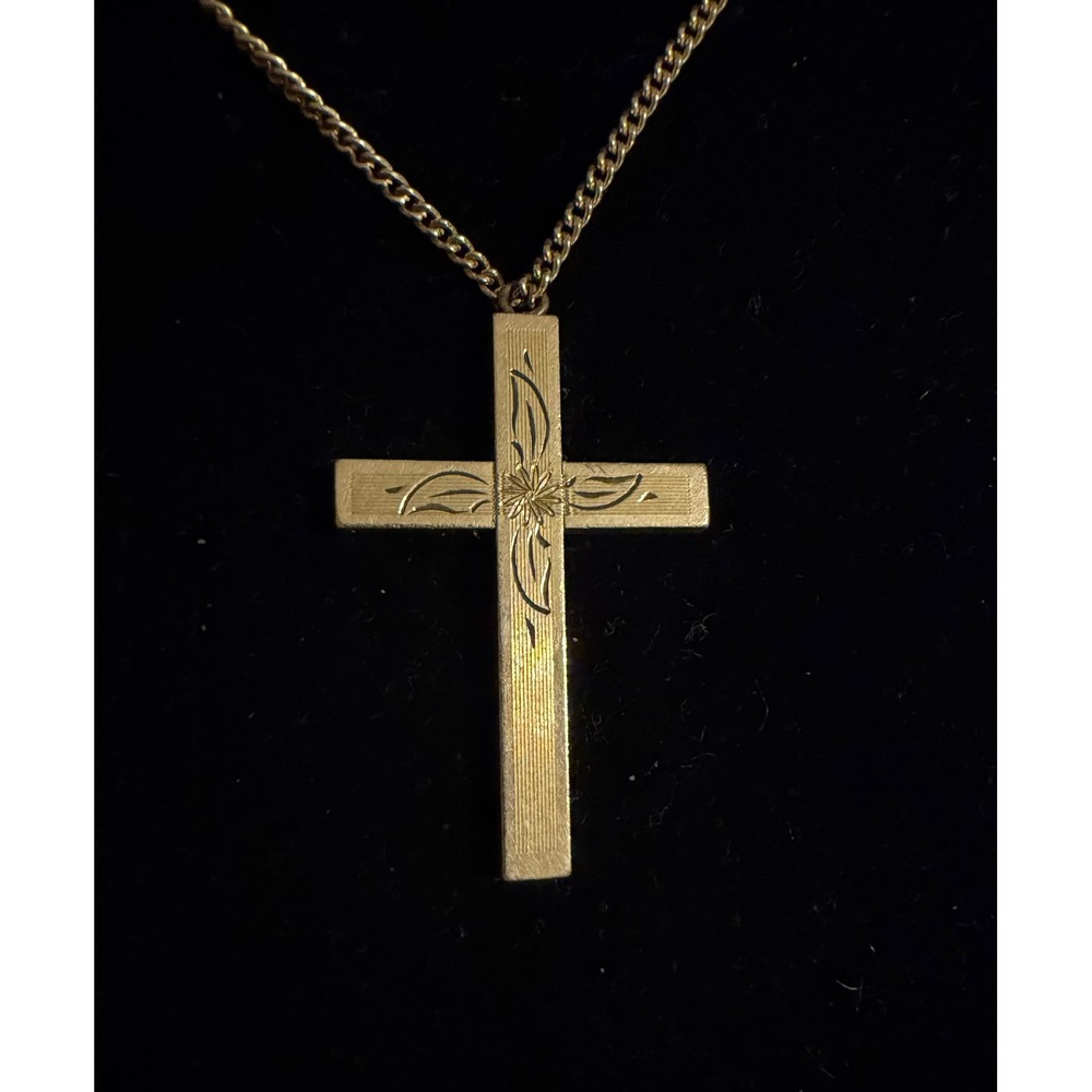 Vintage Sturdy 12k Gold Filled Etched Cross Pendant Necklace